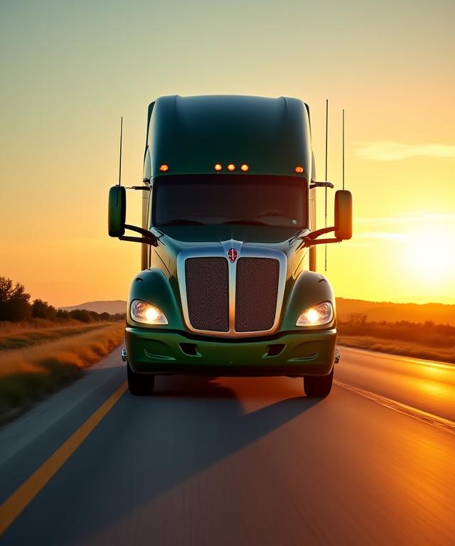 Modern logistics truck on a highway at sunrise