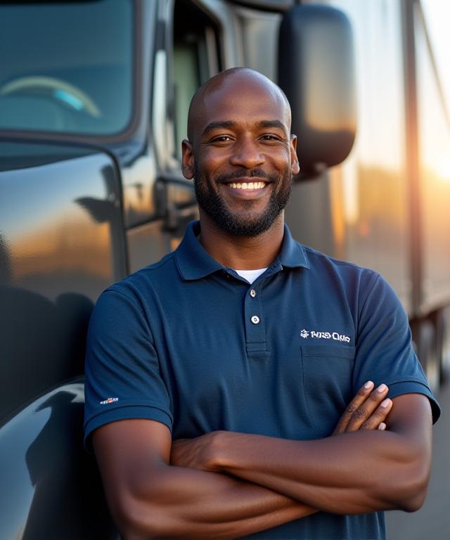 Professional truck driver leaning against a modern semi-truck