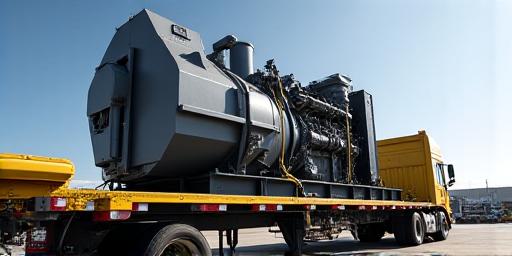 Flatbed truck carrying heavy industrial machinery